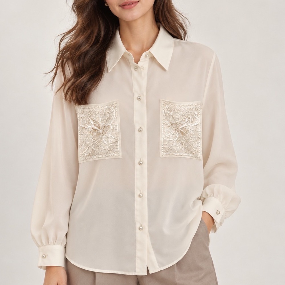 Chaus Cream Lace Pocket Pearl Button Down Blouse Vintage Style Ivory Top 16 g5